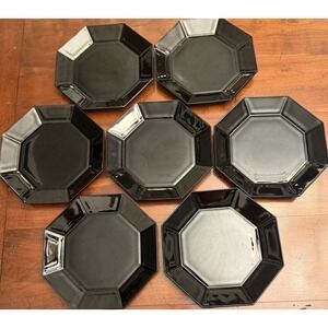 Vintage 1980s Arcoroc Octime Black Glass Octagonal Plates Set Of 7 France